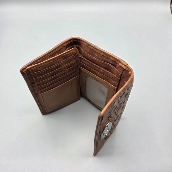 Fossil Brown Leather Embossed Trifold Wallet - Picture 8 of 10